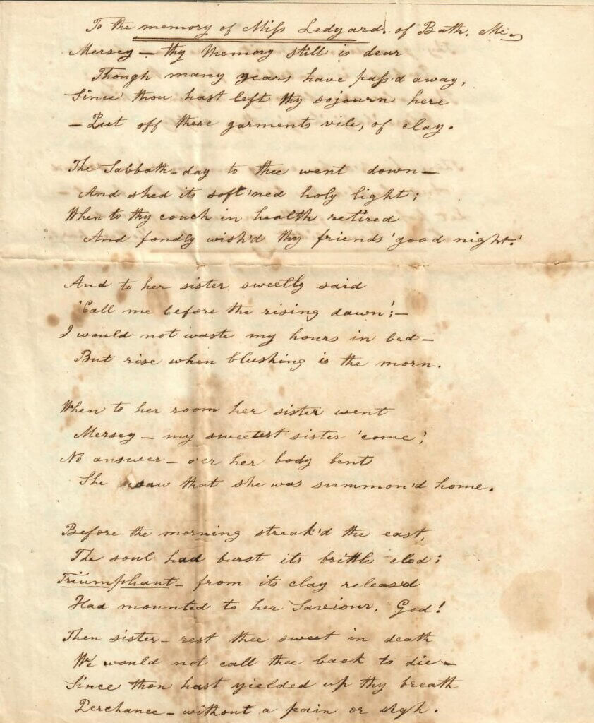 First page of the handwritten poem "To the Memory of Miss Ledyard of Bath"